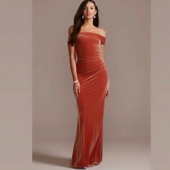 David's Bridal velvet bridesmaid dress Dusty Burnt Orange size 14 - Picture 1 of 8